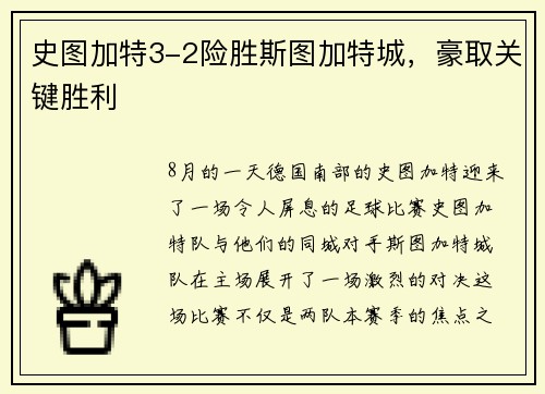 史图加特3-2险胜斯图加特城，豪取关键胜利